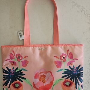 Clinique Pink Floral Printed Tote with Coral Accents